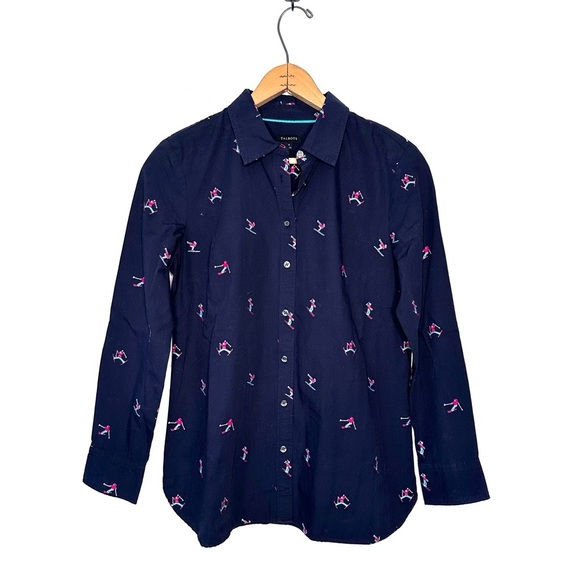 Talbots | Navy Blue Embroidered Skiers Button Down Shirt Size XS - Picture 2 of 7